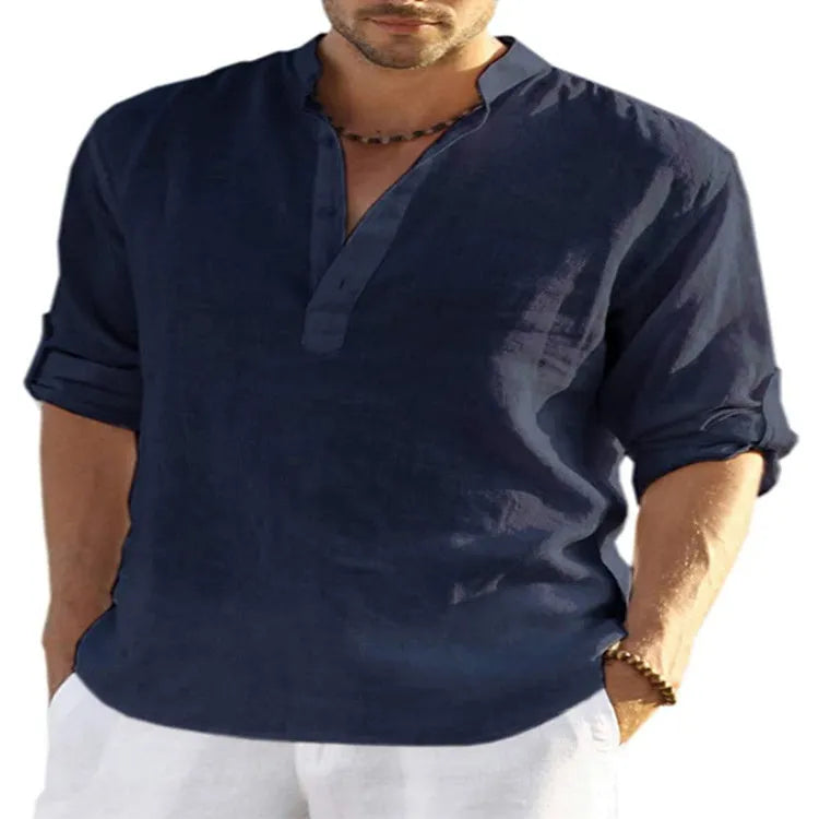 Men's solid colour long sleeve shirt with a stand collar, made from a cotton and linen blend fabric.