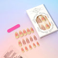 Set of fake nails with colourful 3D cartoon flower designs, jelly glue, and a nail file on a pink background.