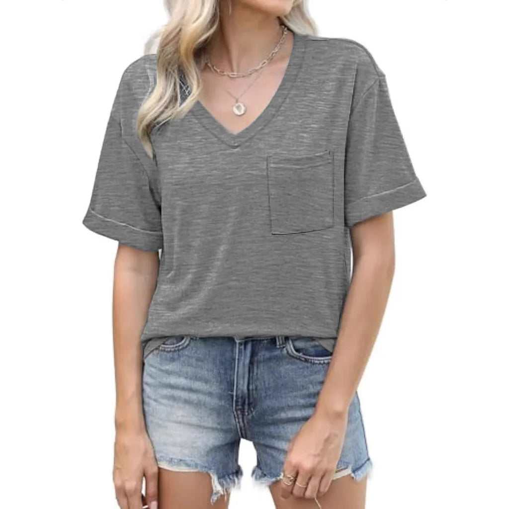 Grey loose fit V-neck T-shirt with chest pocket in Japanese Korean casual style