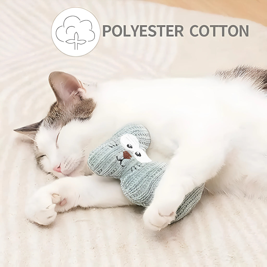 Cyan plush catnip toy with rope elements and a bell for cats on a white background