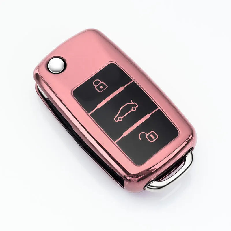 TPU protective car key case with buckle for VW Model A folding remote in blue, pink, red, and silver colours.