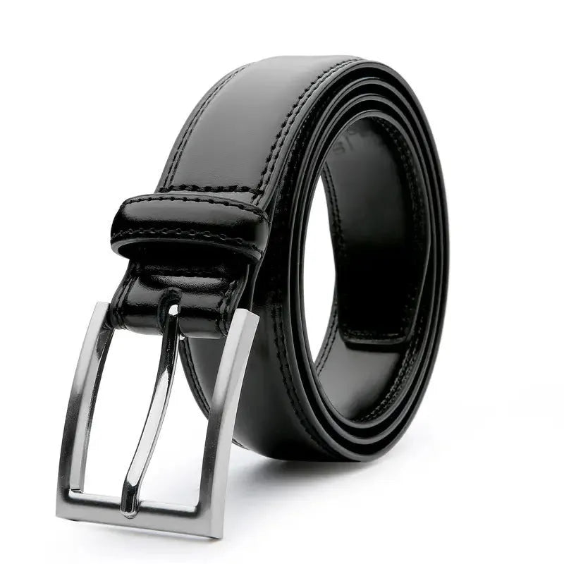 Men's brown genuine leather casual belt with an alloy buckle on a white background.