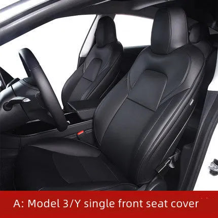 Black and white PVC chloroprene car seat covers for Tesla Model 3 and Model Y interior protection.