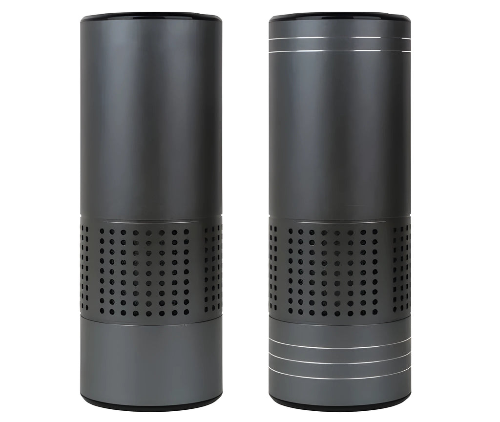 Aluminium alloy car air purifier with display screen showing air quality, placed on a car dashboard.