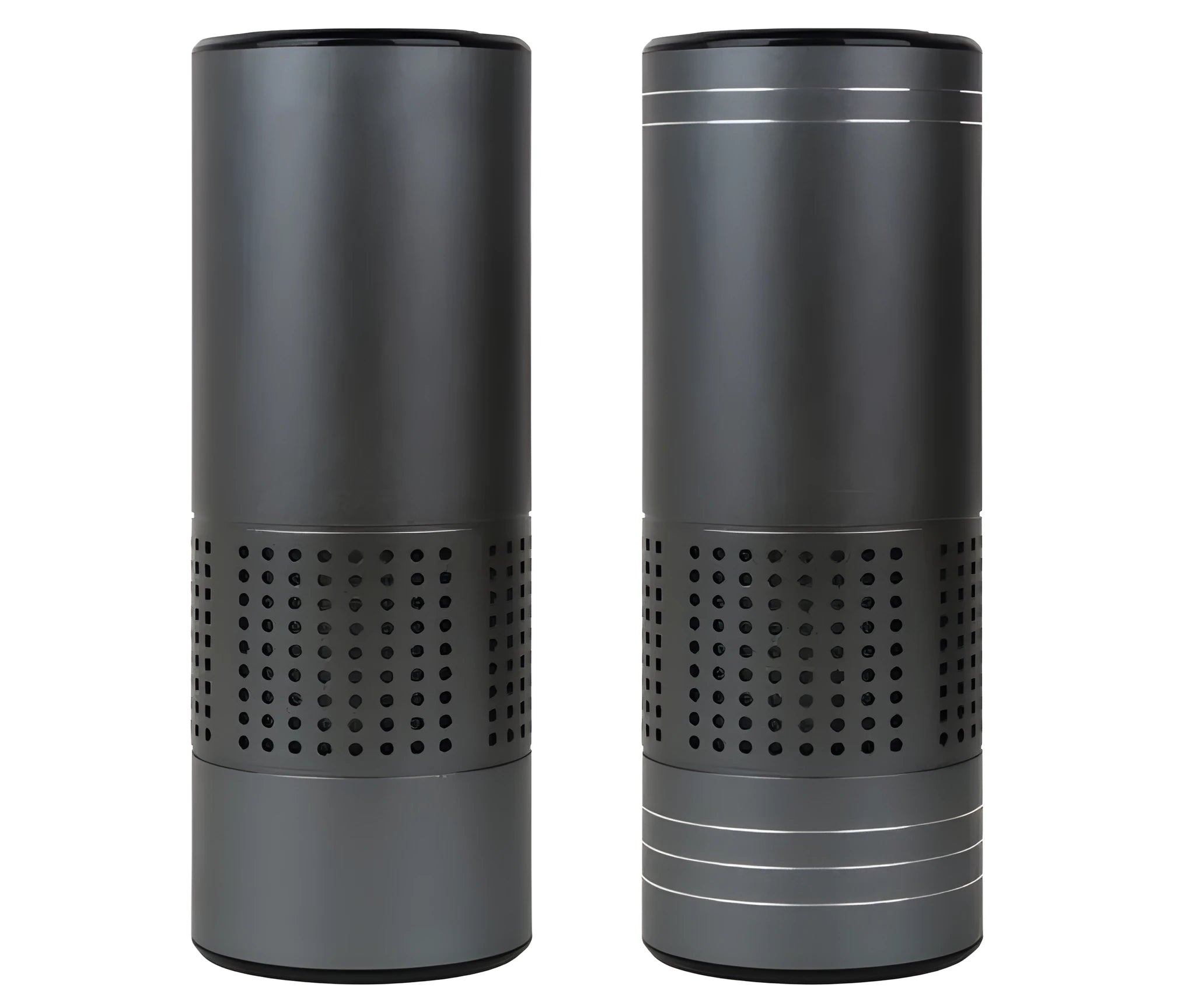 Aluminium alloy car air purifier with display screen showing air quality, placed on a car dashboard.