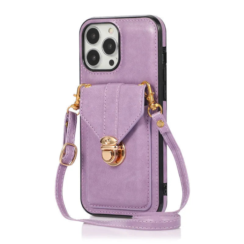 Creative Card Leather Diagonal Lanyard New Mobile Phone Case in black with lanyard and card slot