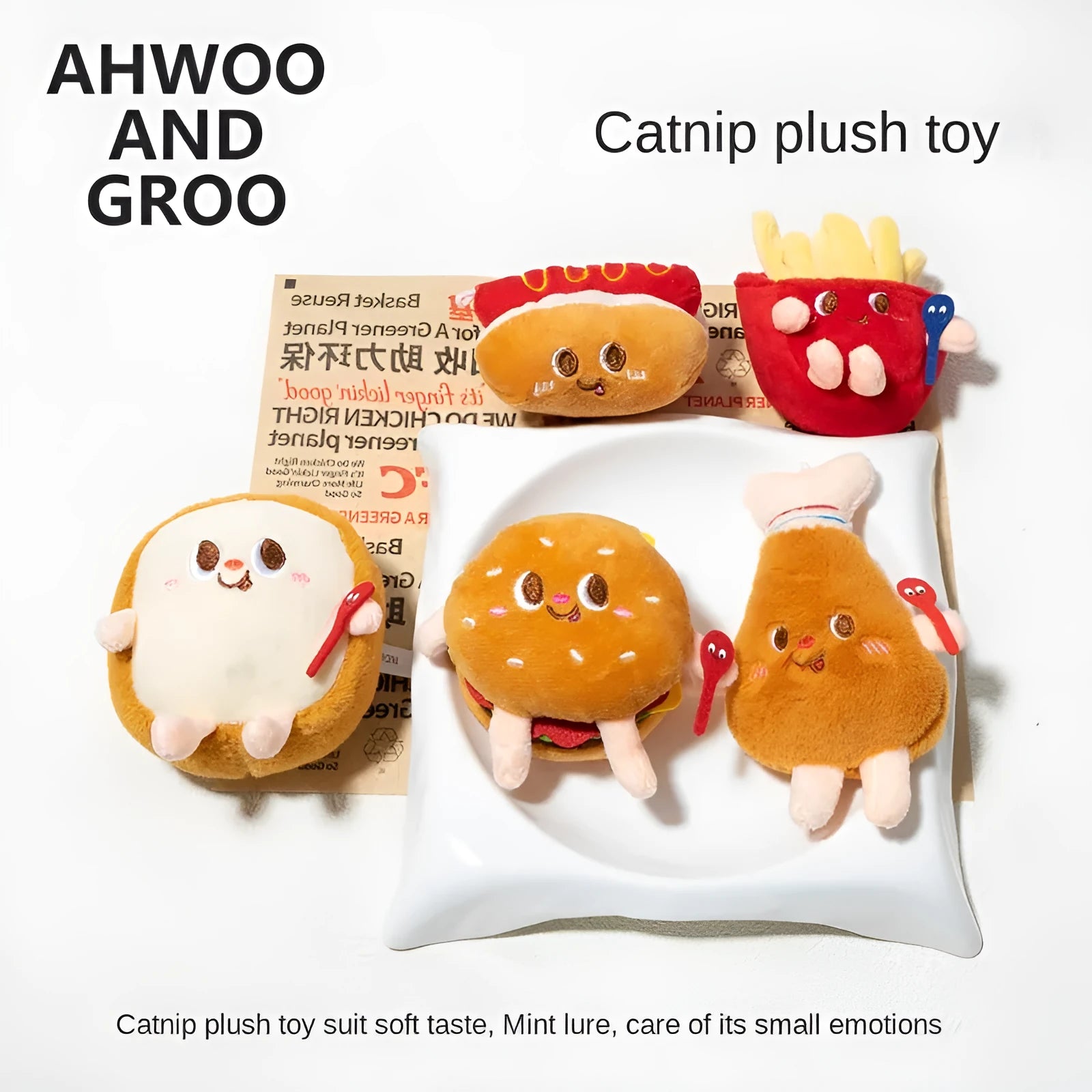 Set of five soft cat chew toys shaped like a hamburger, chicken leg, fries, bread, and hot dog for teething kittens.