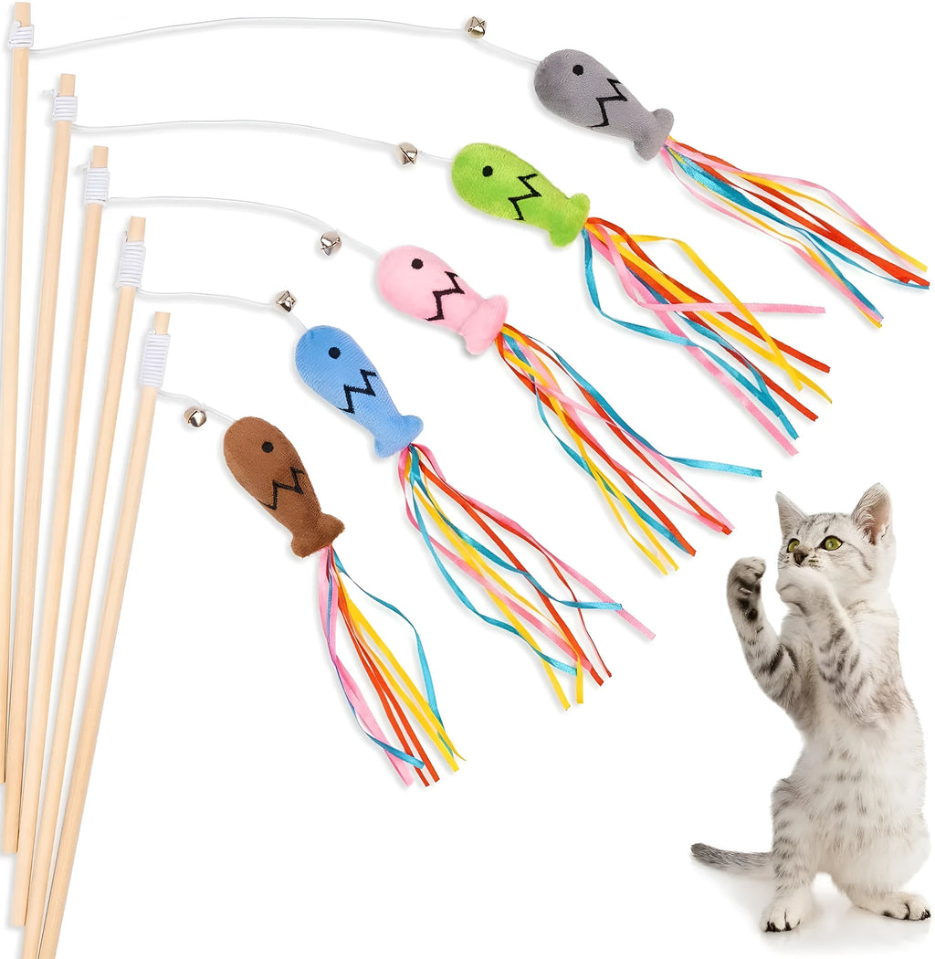 Colourful cat wand toy with ribbons, catnip fish, and bell on wooden handle
