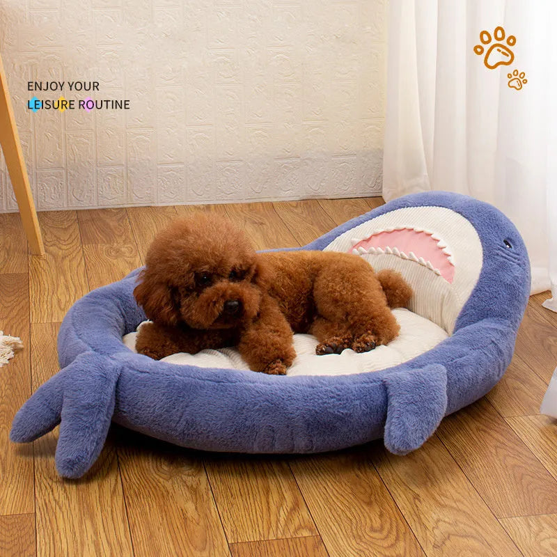 Blue shark pattern velvet pet bed cushion with non-slip base for small medium dogs