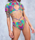 Long sleeve swimsuit with high collar tie design in polyester fabric