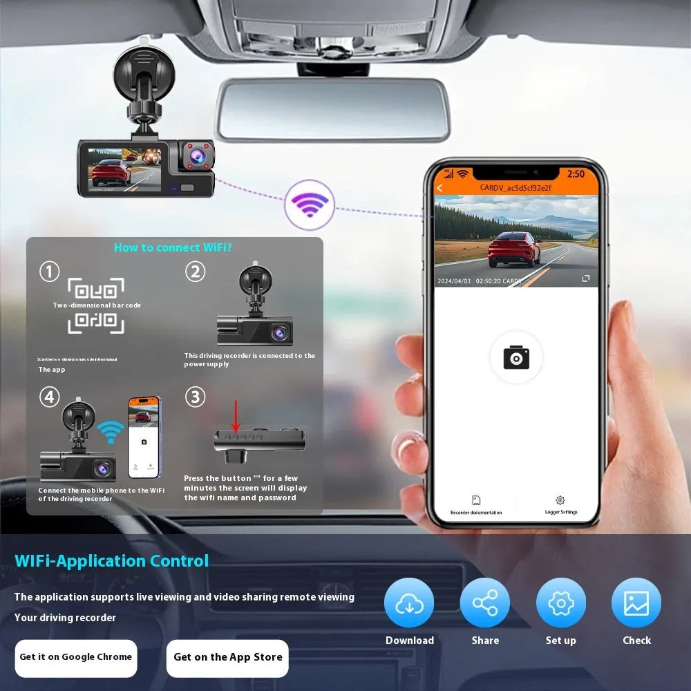 Car dash cam with 2-inch screen, WiFi connectivity, and reversing camera functionality