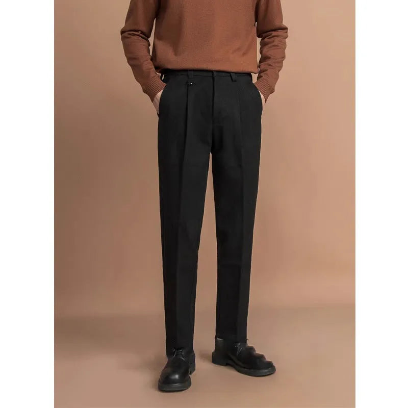 Men's straight-leg drape cut trousers in black, dark gray, khaki, and brown colours
