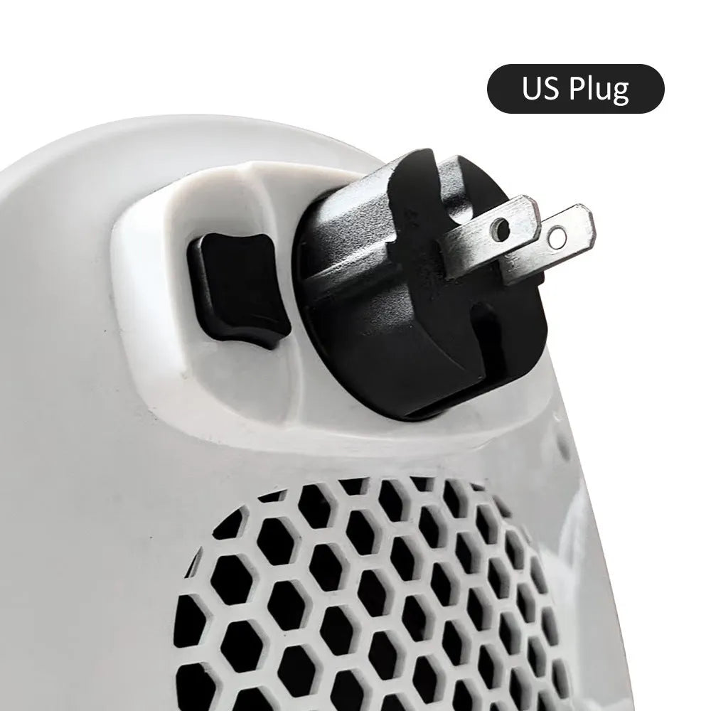 White ceramic electric heating blower with remote control on table