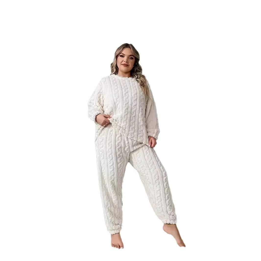 Women's milky white polyester two-piece lounge set with crew neck top and trousers