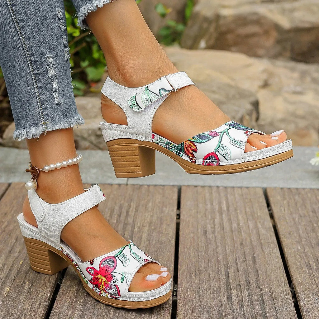 White women's high heel sandals with Velcro buckle fastening on rubber sole