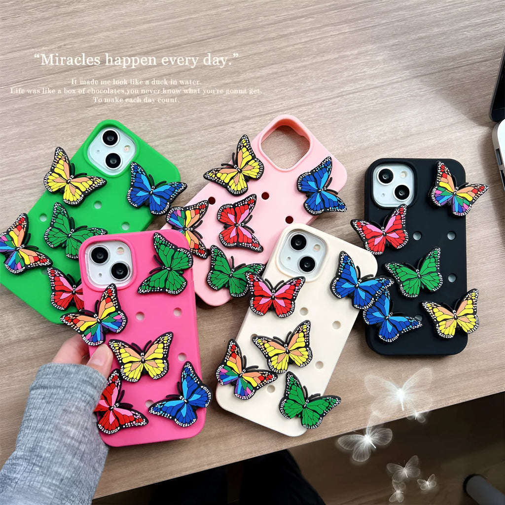 Three-dimensional colorized butterfly silicone phone case for Apple iPhone, black, engraved design