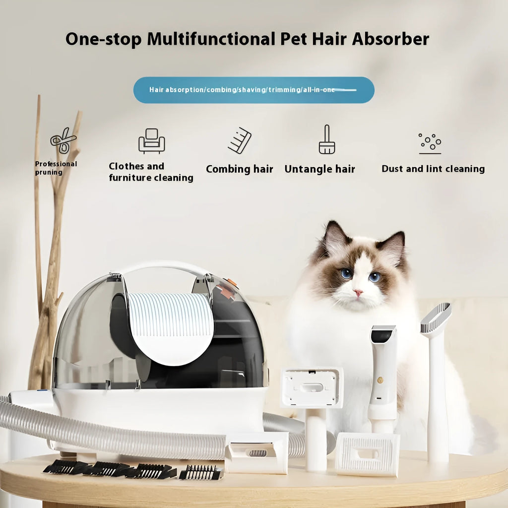 Pink and white pet grooming vacuum cleaner with shaver attachment and accessories