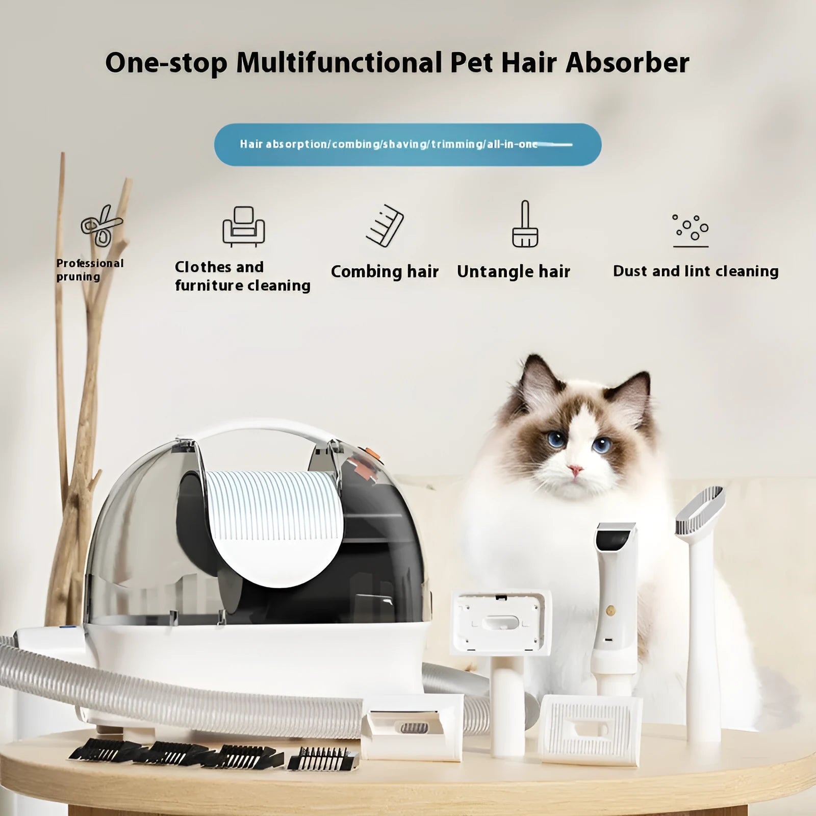 Pink and white pet grooming vacuum cleaner with shaver attachment and accessories