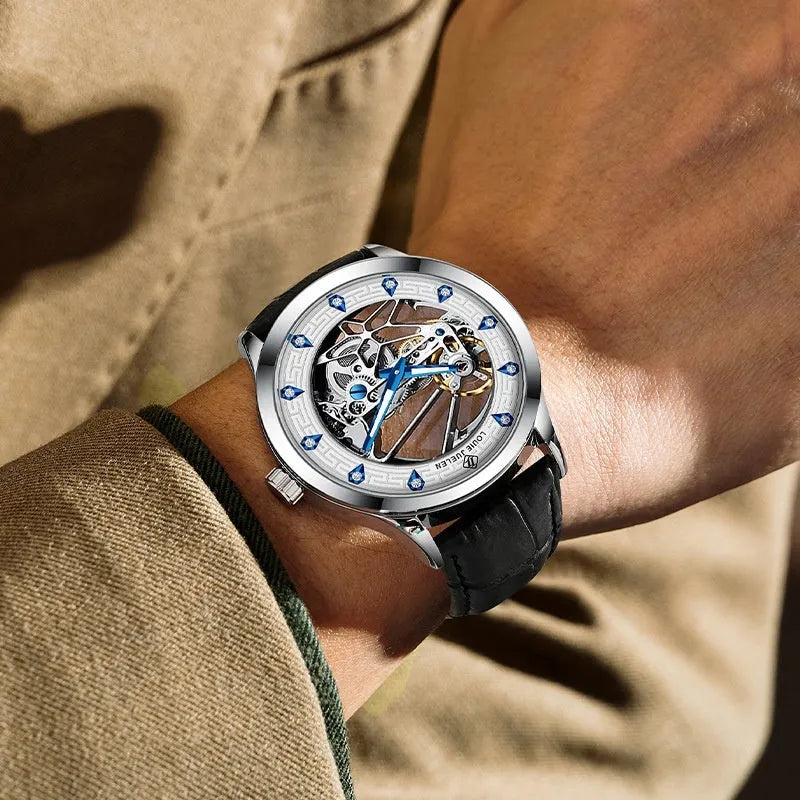 Men's silver stainless steel mechanical watch with black leather strap and white dial