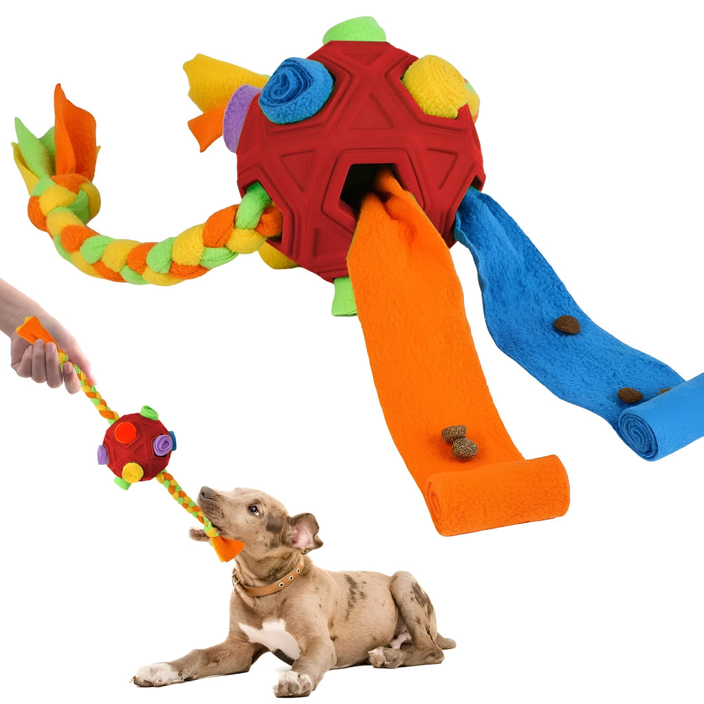 Blue bite-resistant dog sniffing puzzle ball for treat dispensing and IQ training.