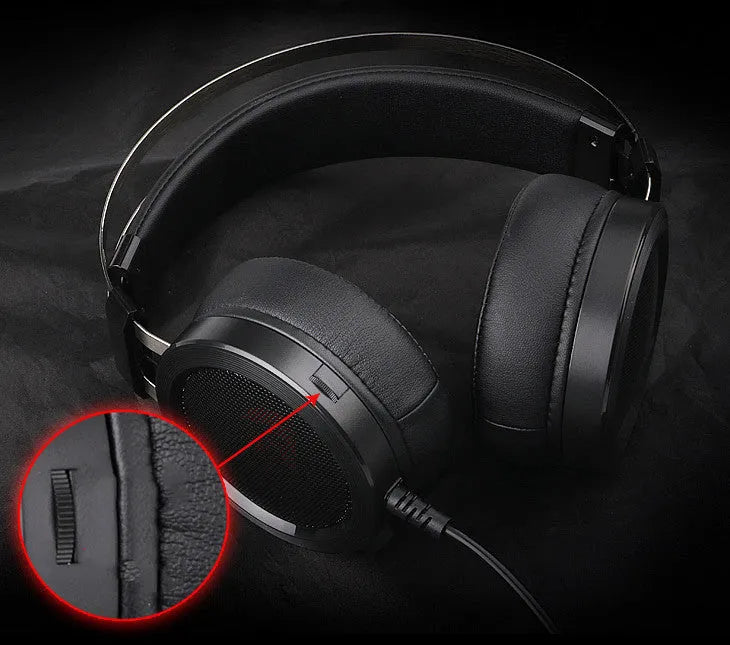 Black wired computer gaming headset with a long cable and a 3.5mm plug.