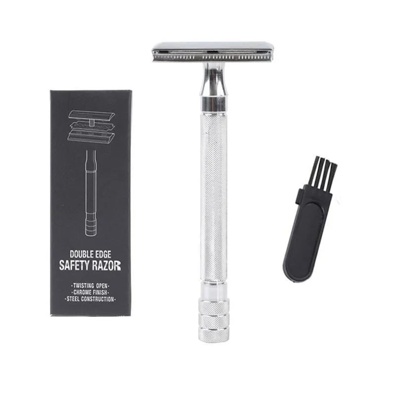 Manual beard scraper and brush set in black or silver metal finish