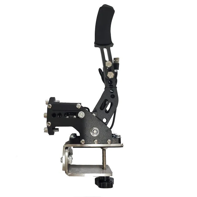 PC racing simulation handbrake with aluminium and stainless steel construction and mounting clamp