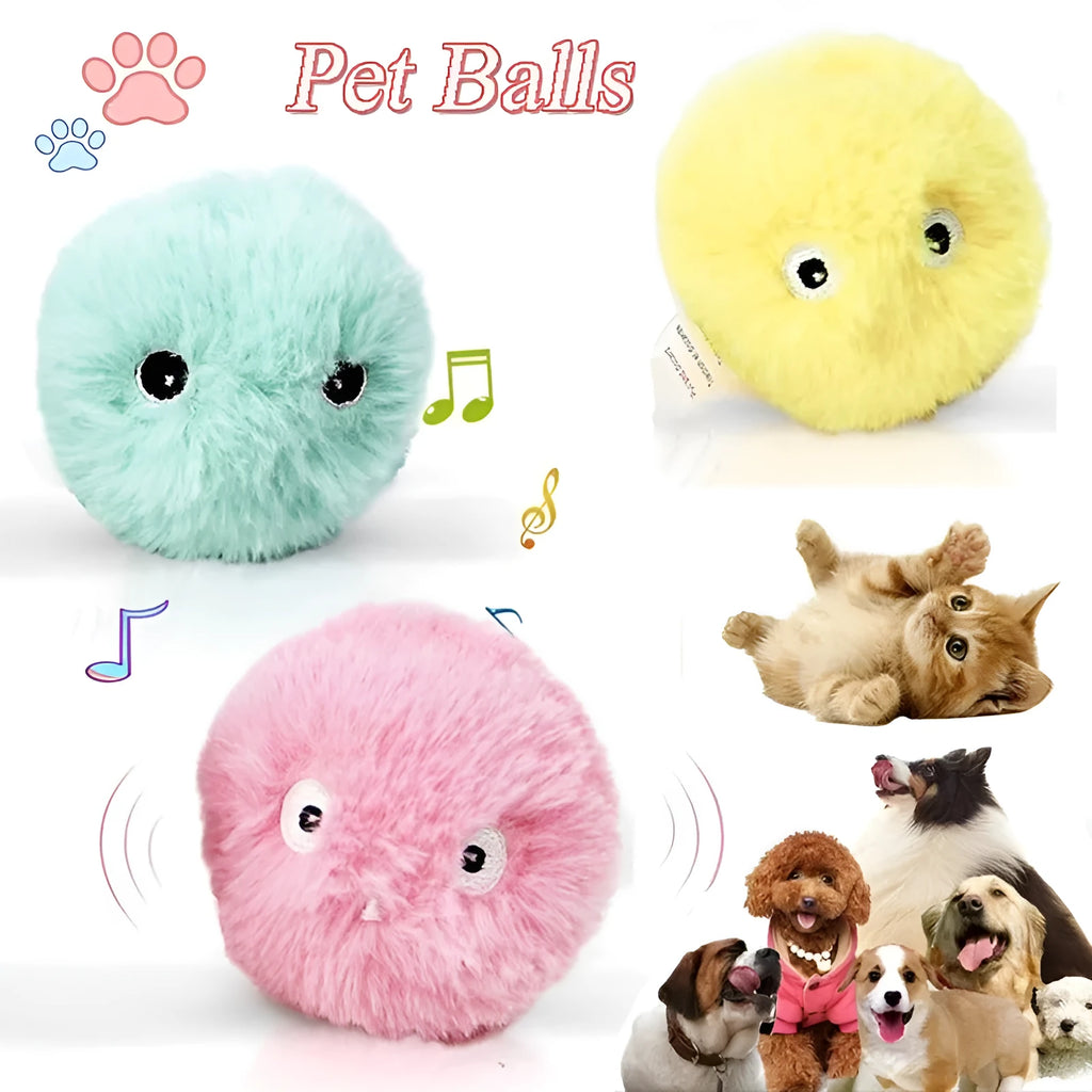 Blue, pink, and yellow electronic interactive toy ball for cats and dogs with animal sound activation.