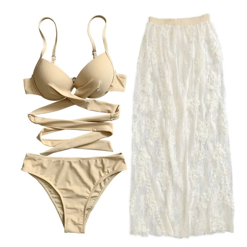 Solid colour three-piece bikini set with backless push-up top, panties, and skirt on a mannequin.