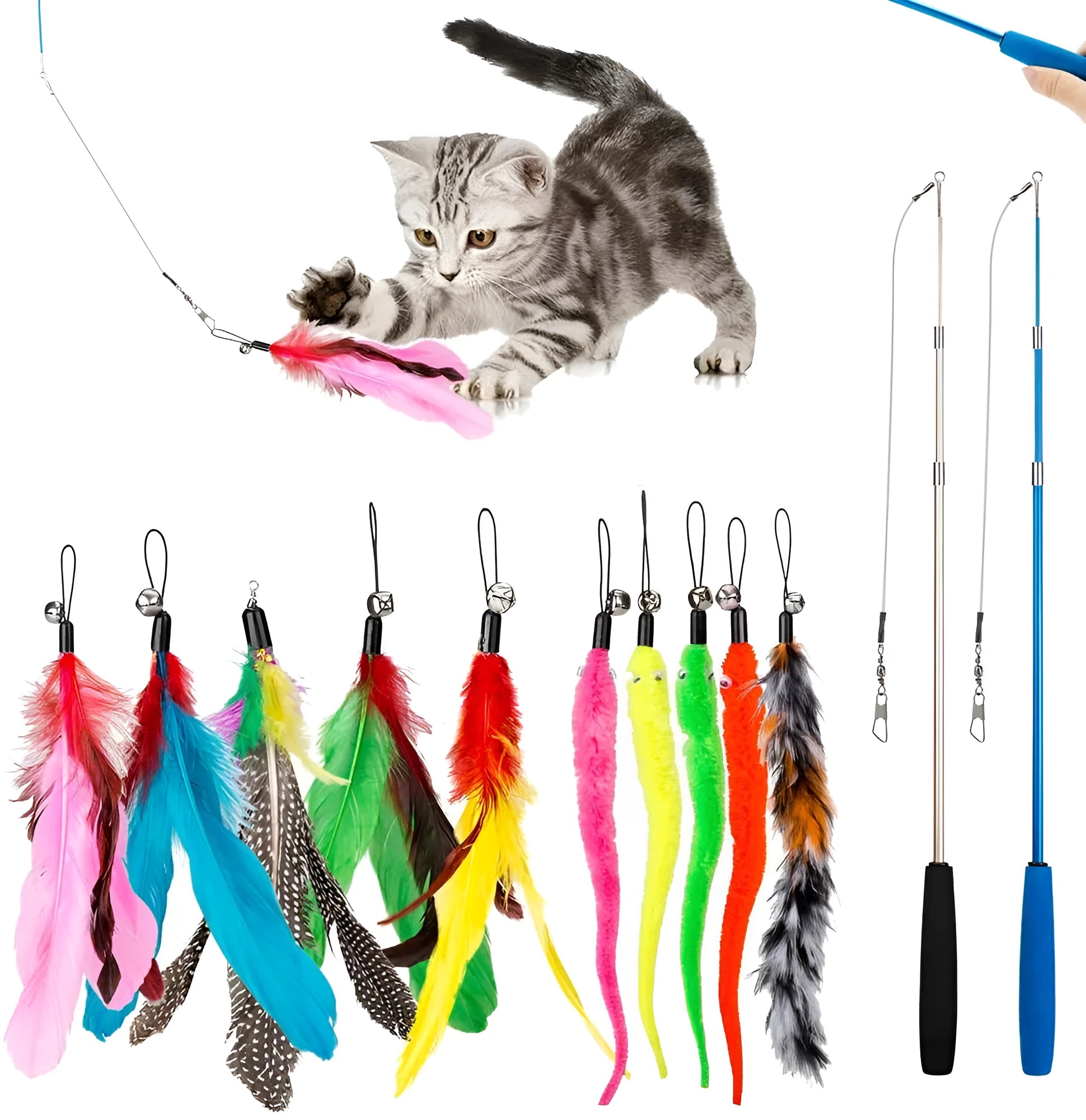 Extendable cat fishing rod with feather teaser attachments and replacement heads
