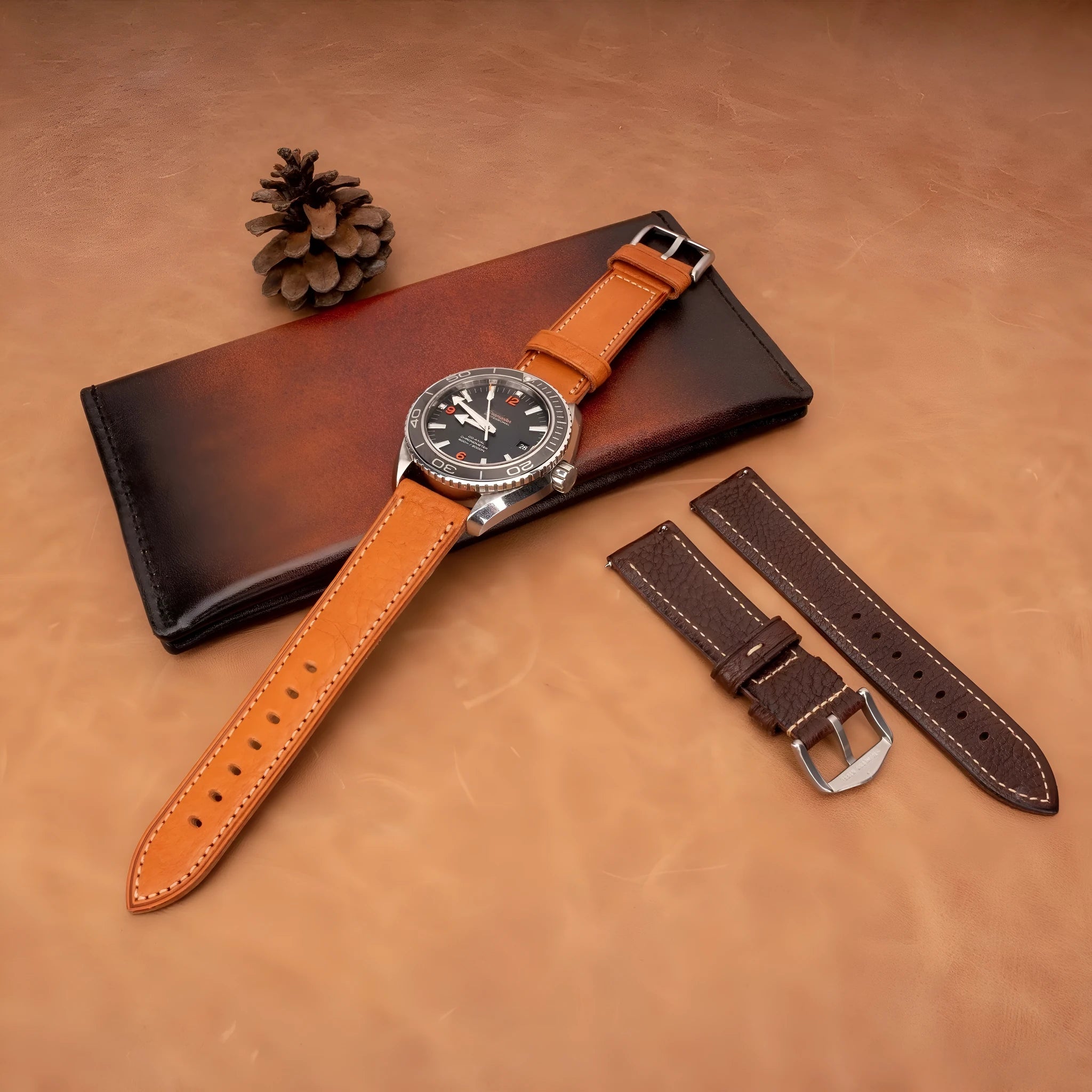 Retro pure cowhide leather watch strap with pin buckle in brown steel buckle finish 20mm width