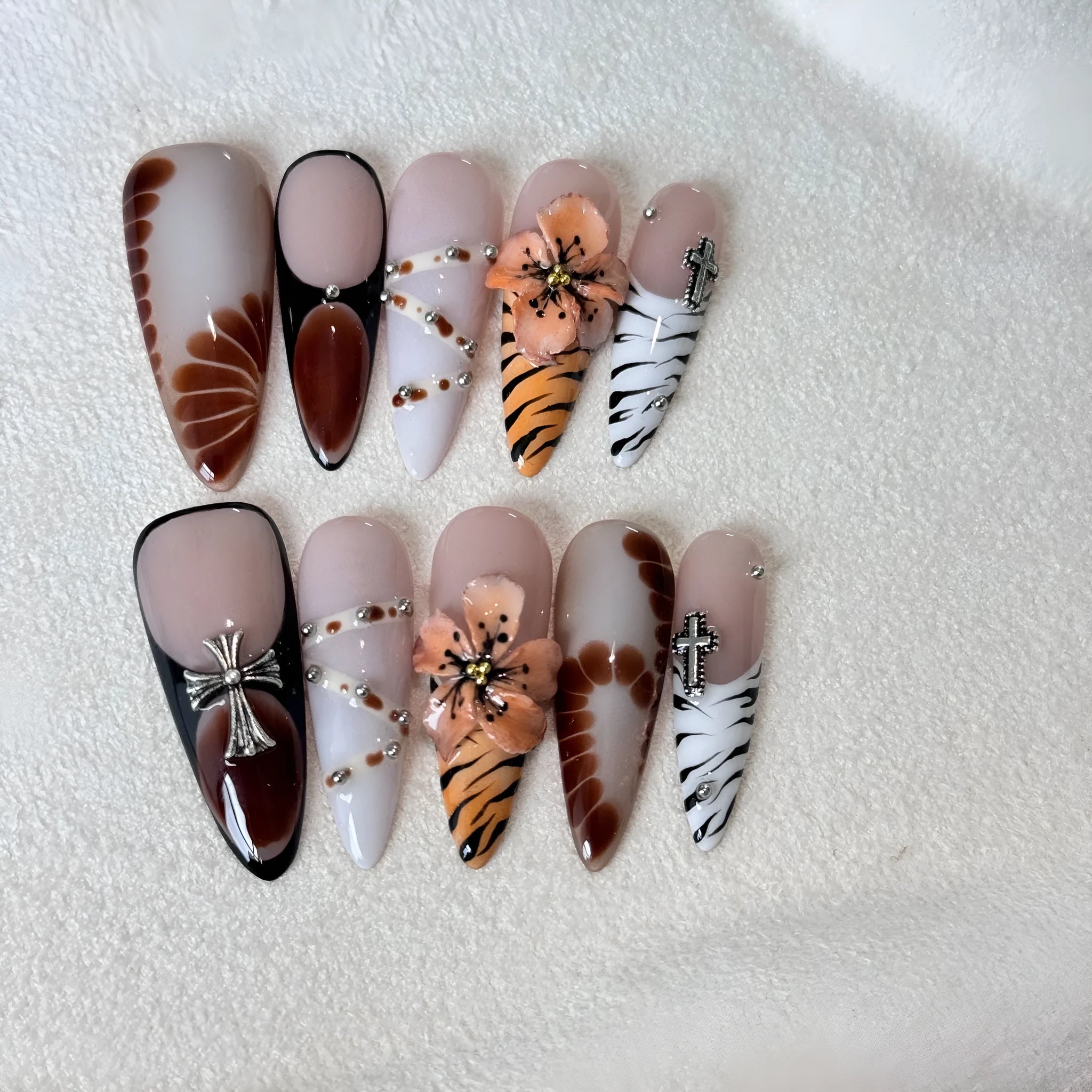 French style leopard print nail stickers with cross and flower patterns in XS S M L sizes