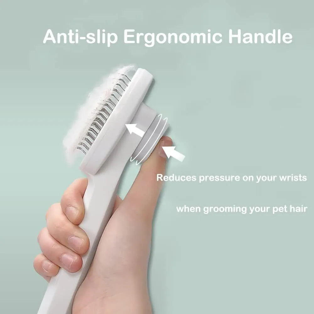 Self-cleaning cat brush with one-touch button for fur removal, available in blue grey pink colours