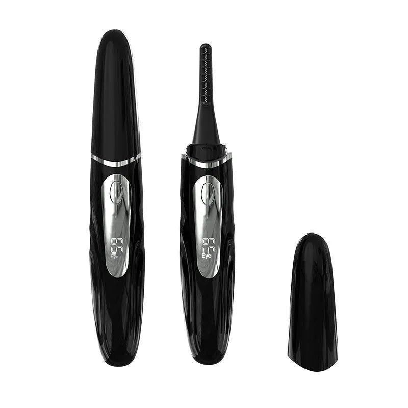 Intelligent digital display electric eyelash curler in black with tooth-comb style head, USB rechargeable