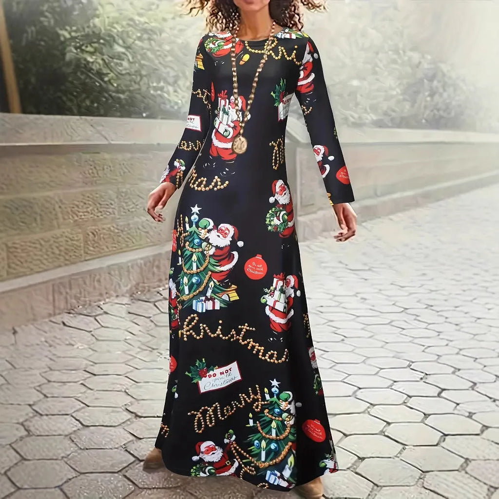 Santa Claus printed round neck long sleeve dress with leather stitching in polyester, available in beige, size M