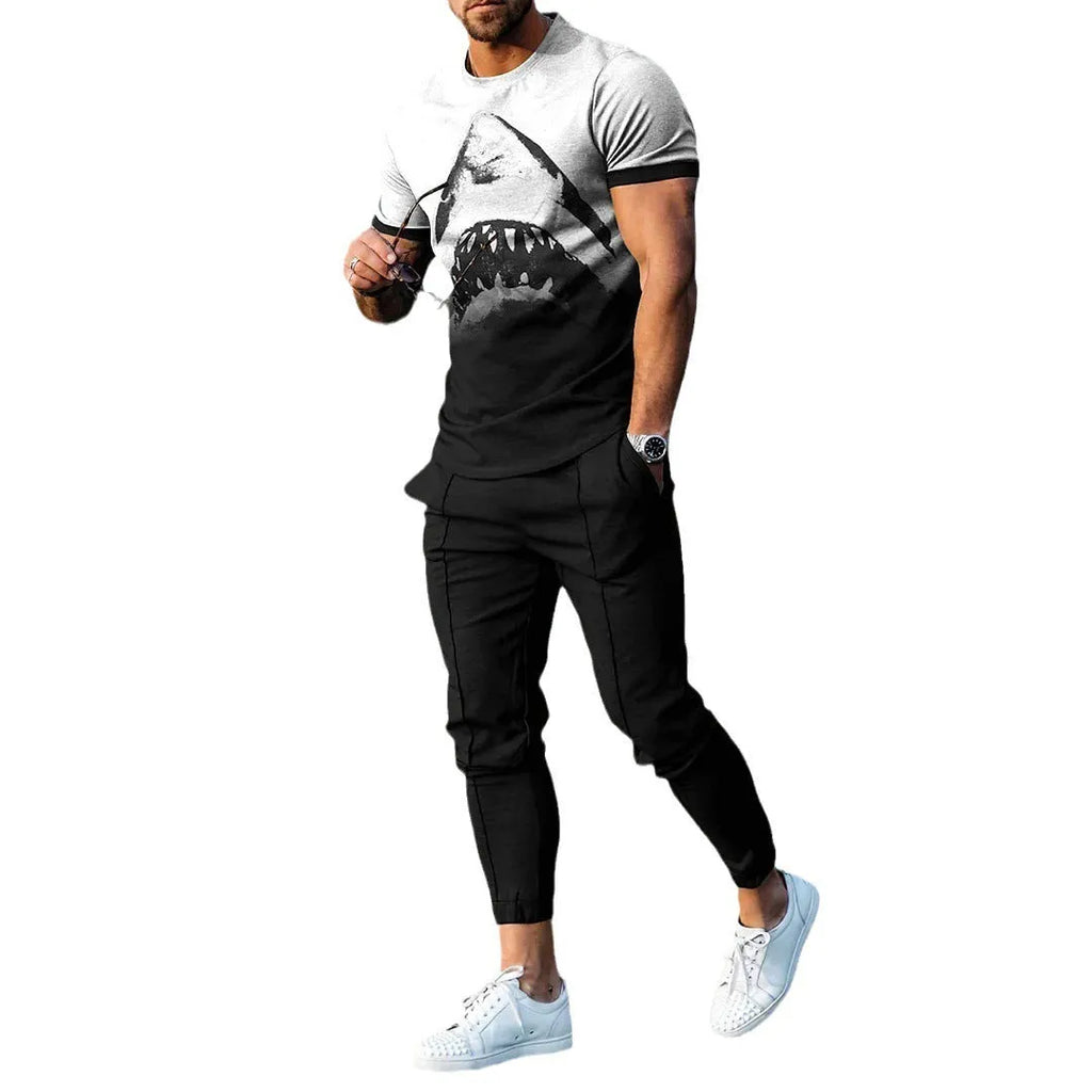 Men's lightweight polyester sports tracksuit set with short sleeve top and trousers on a mannequin.