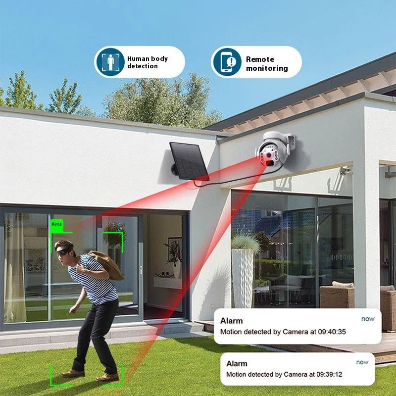 Solar panel security camera with antenna for 4G/WiFi, shown in camouflage colour option.