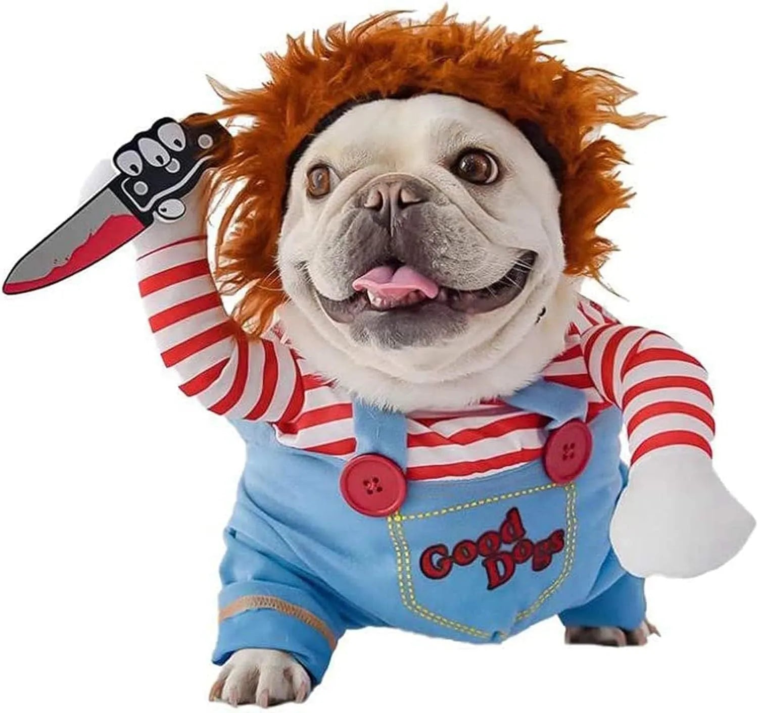 Striped Halloween costume harness pants for a dog or cat with matching accessory, shown with a sizing chart.