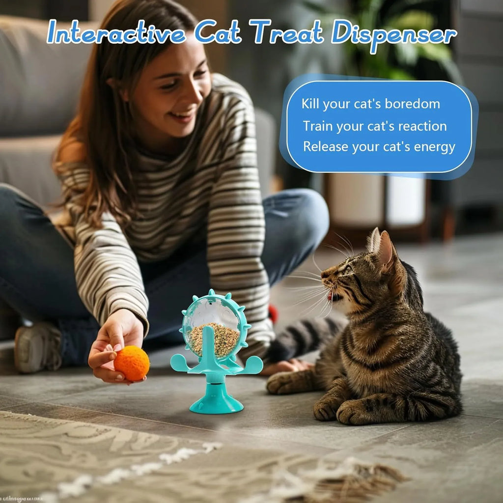 Interactive cat and dog puzzle feeder toy with bell spinner in blue green red yellow colours