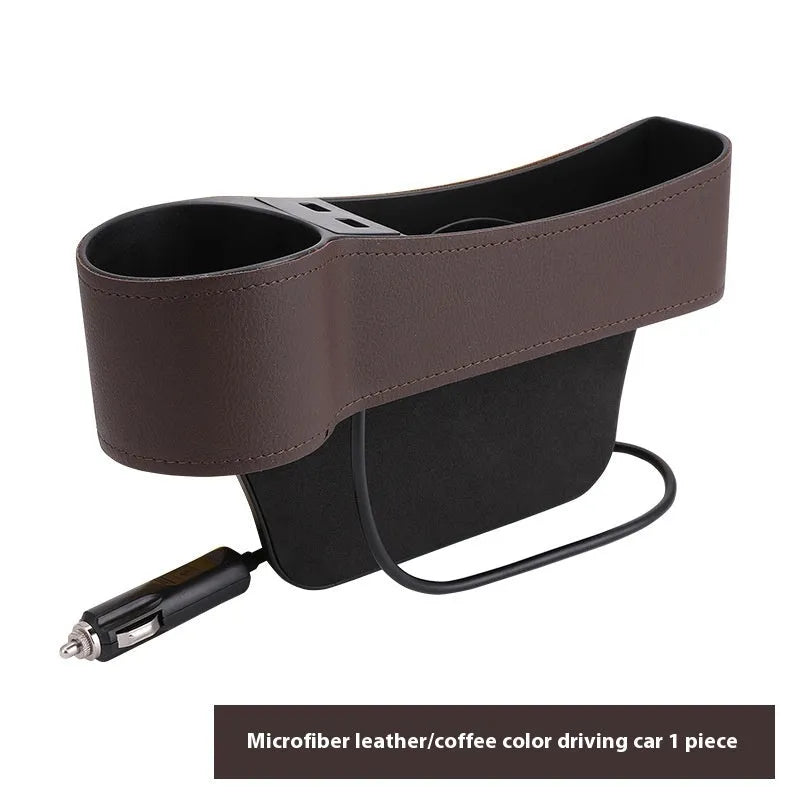 Car seat gap storage box with dual USB ports and PU leather finish in black and red, fitted between seat and centre console