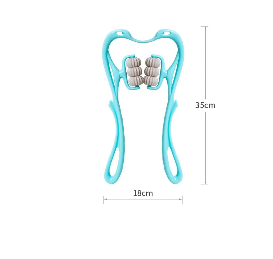 6-roller cervical neck massager in blue, ergonomic swan design, with 360° rotating massage balls and jade scraping board