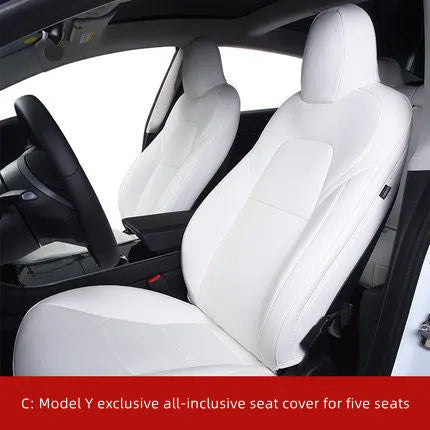 Black and white PVC chloroprene car seat covers for Tesla Model 3 and Model Y interior protection.