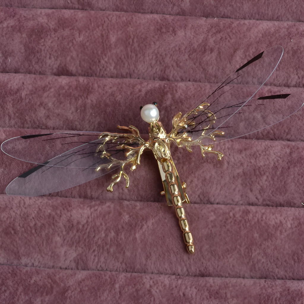 Golden dragonfly side clip headdress hair accessory with electroplated alloy construction