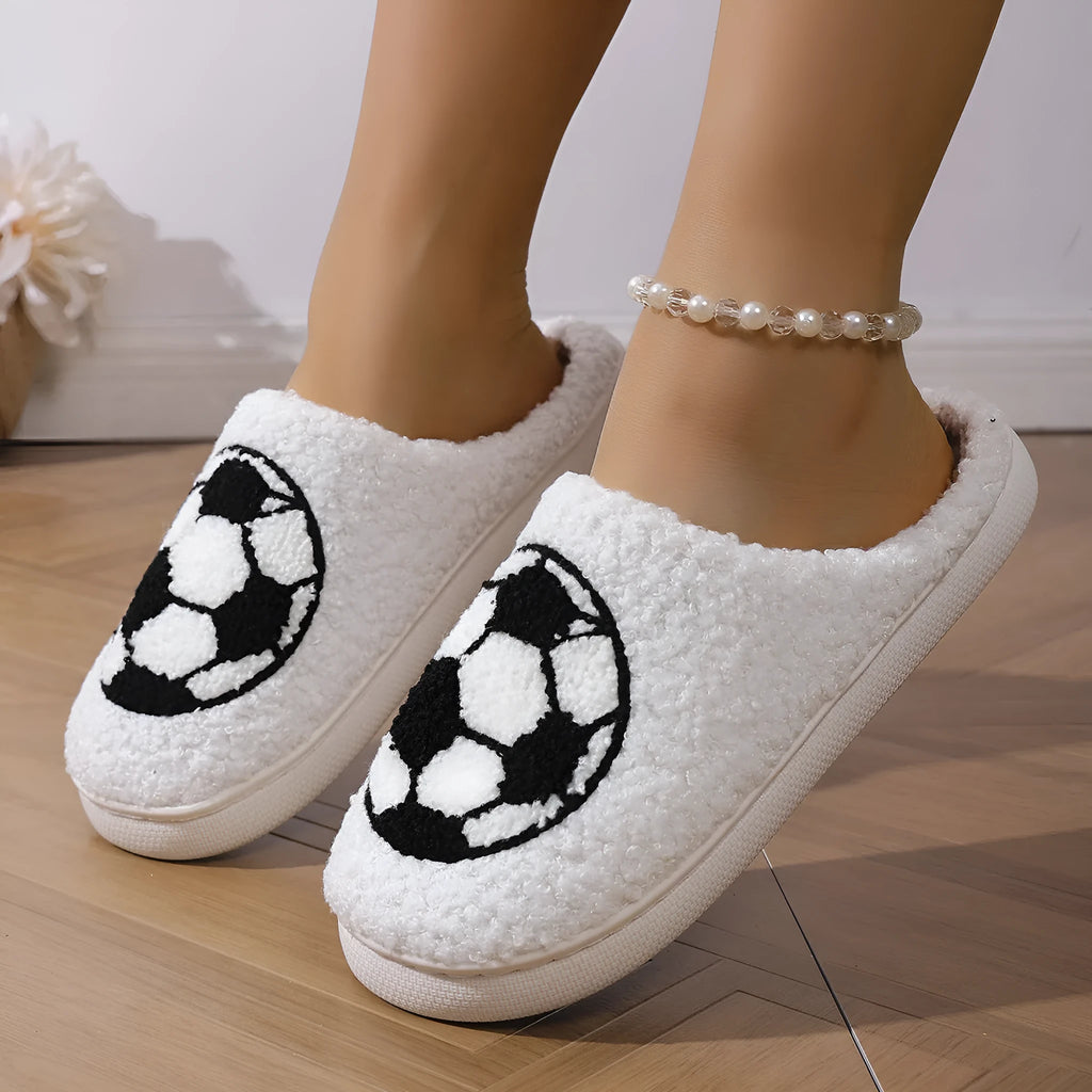 White interior thermal cotton slippers with ethnic totem pattern, plush upper, and round toe