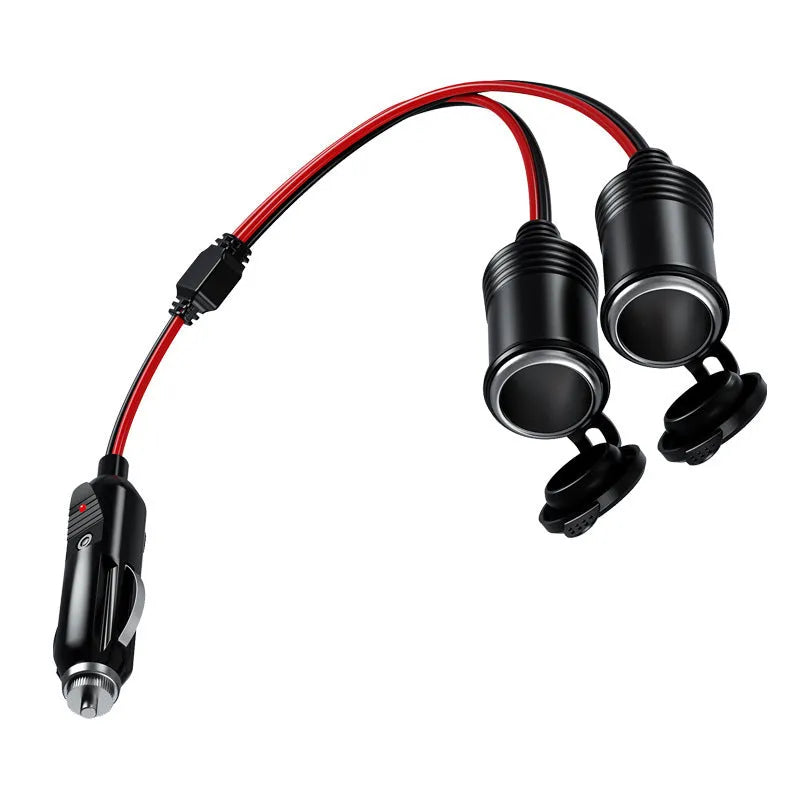 Y8 cigarette lighter extension cable 12V 24V 250W with Bakelite housing and dual USB ports on black background