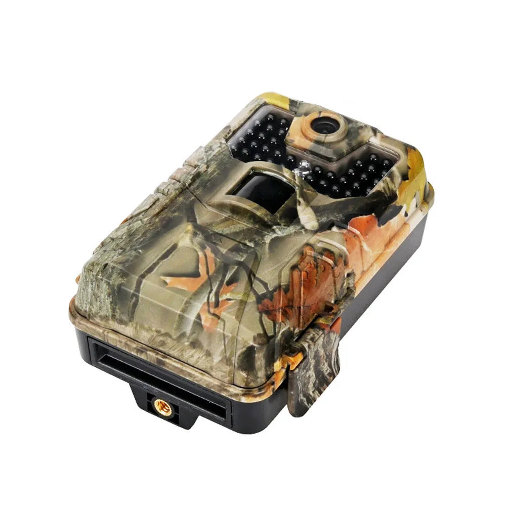 Camouflage outdoor Bluetooth trail camera with infrared LEDs for night vision, showing compact design.