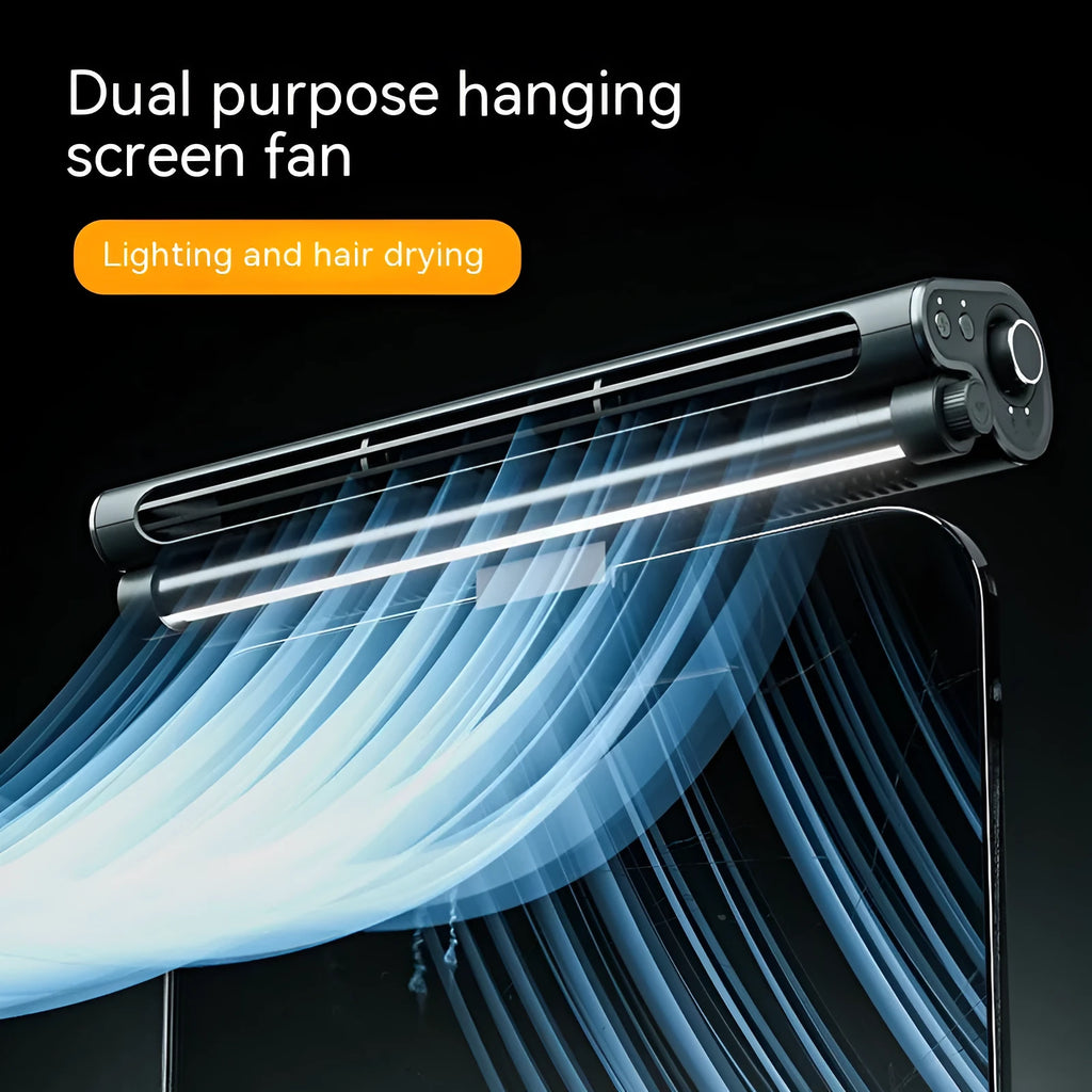 Black USB-powered bladeless fan with clip mount attached to laptop screen showing integrated lighting