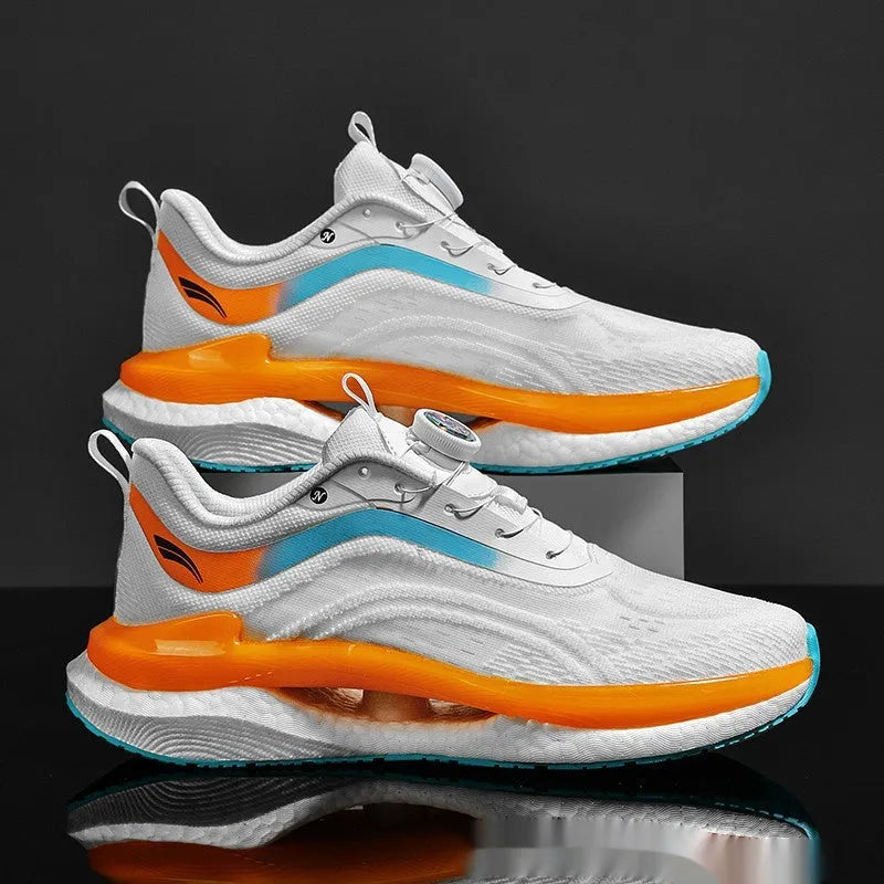 Men's high-top running shoes with mesh upper in cotton candy colour showing buckle closure and composite sole
