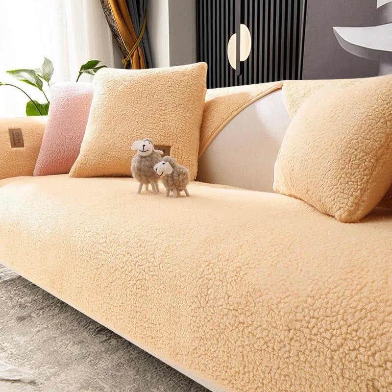 Fashion simple solid colour lambswool sofa cushion cover in beige on a living room sofa