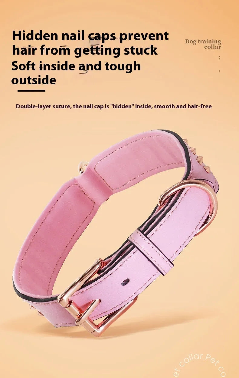 Leather dog collar with anti-bite rivets in black, chocolate, or pink colour options